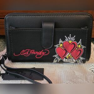 Ed Hardy Black Wallet with Red and Yellow Heart Design